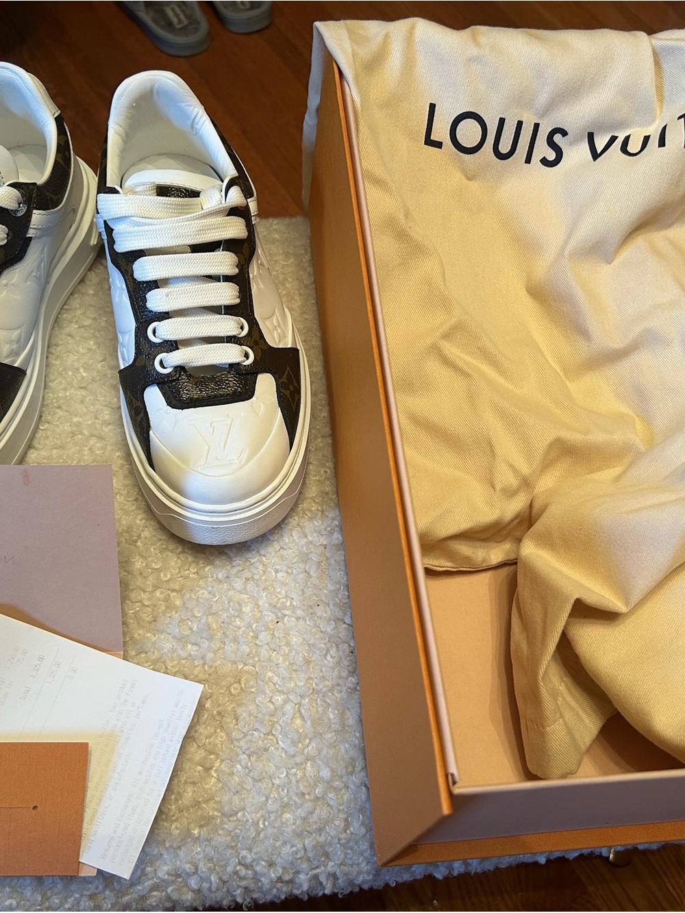 Louis Vuitton Men’s White and Brown Low-Top Sneakers with Monogram Panels